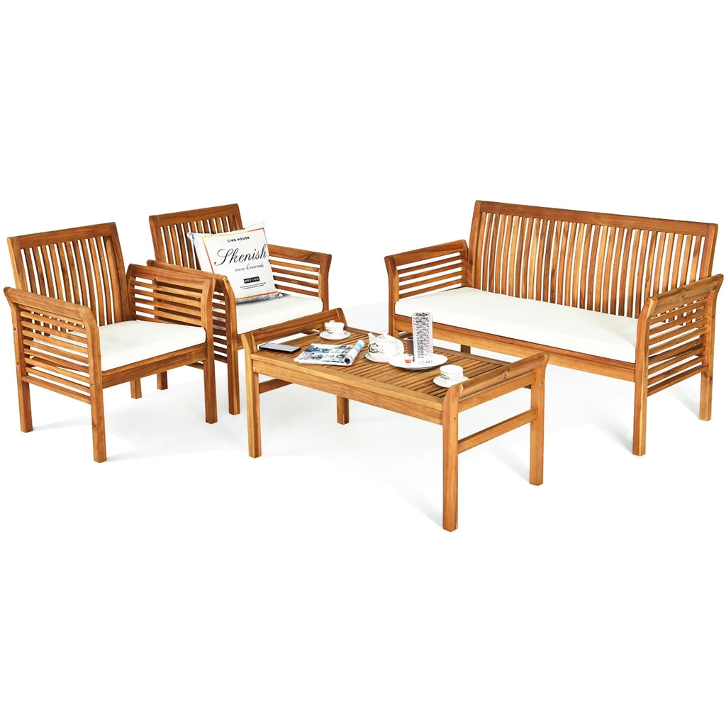 4-Piece Acacia Wood Patio Sofa Set with Beige Cushions P92169