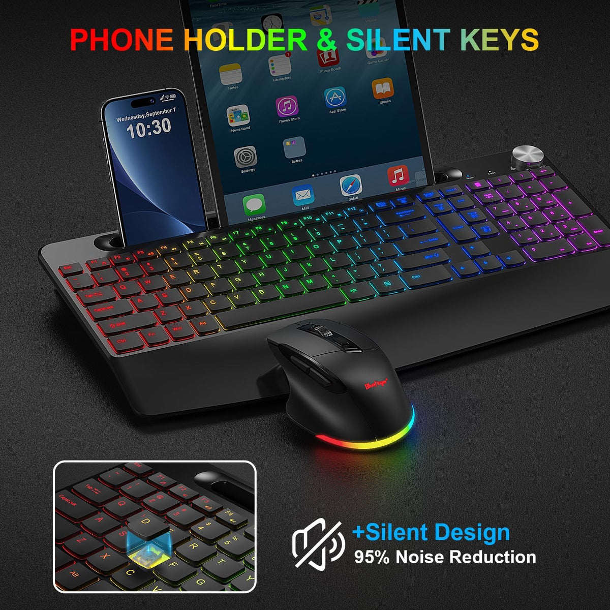 Wireless Keyboard and Mouse Combo, 2.4G Rechargeable Ergonomic Gaming Keyboard with Wrist Rest A1112