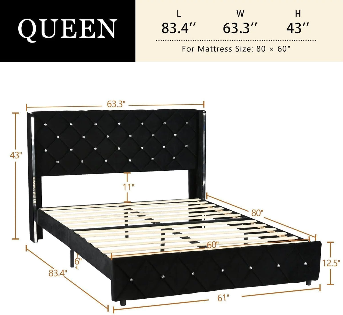 Queen Size Upholstered Platform Bed Frame with Wingback Headboard E75311