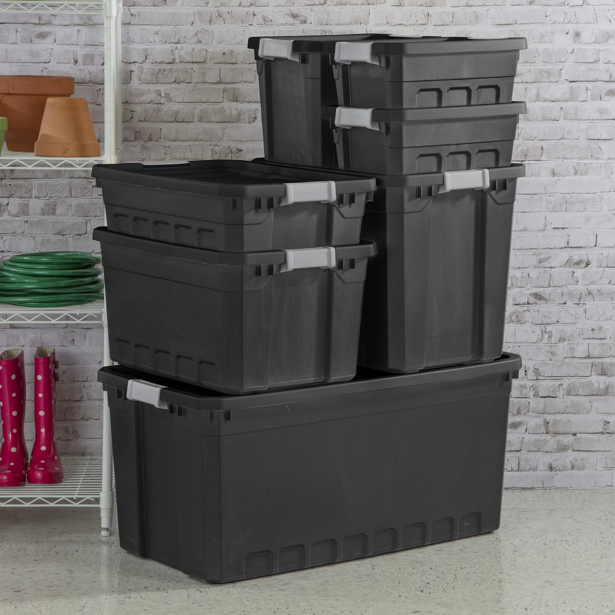 50 Gallon Black Plastic Stacker Tote Set of 3 Y428