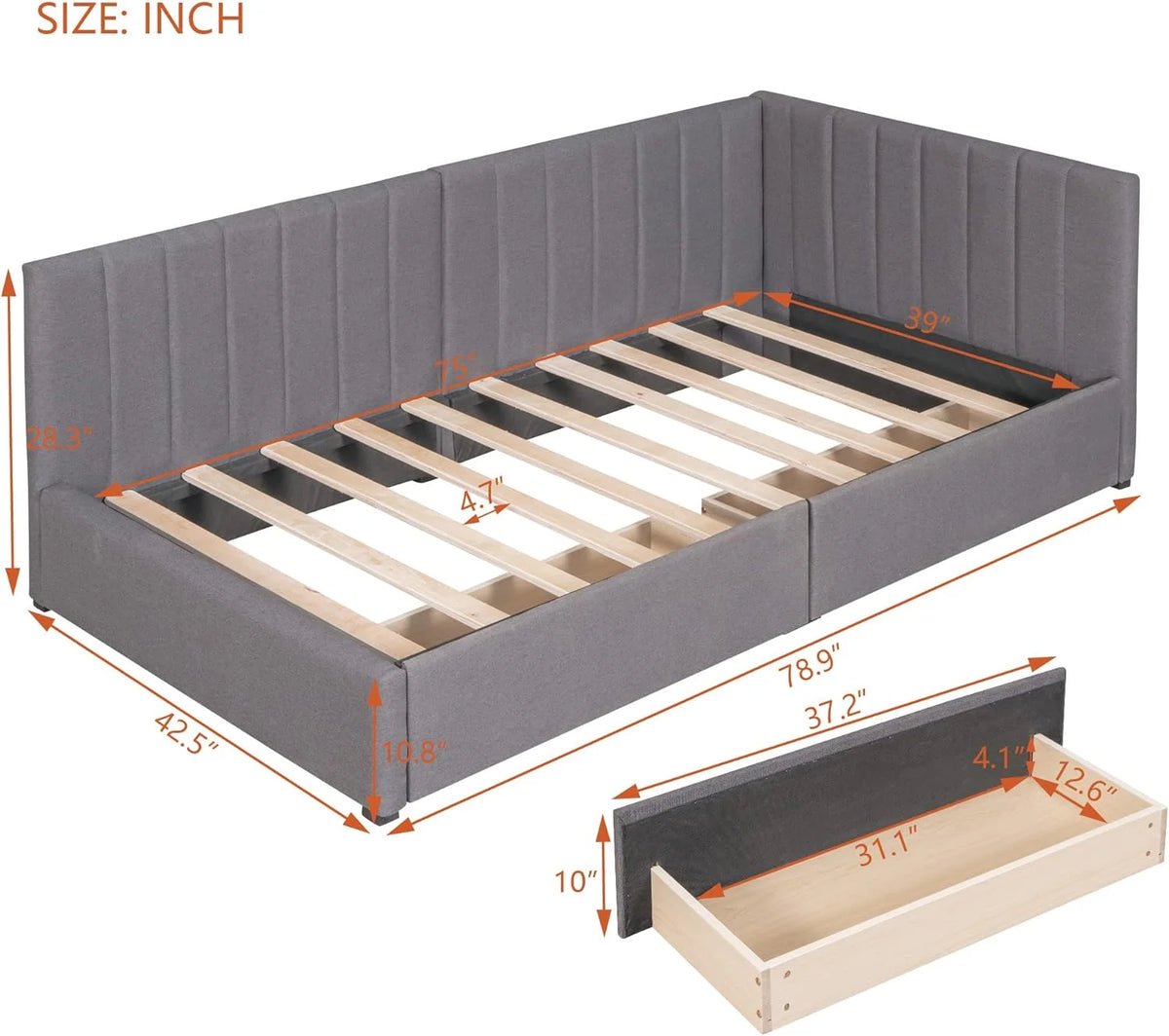 Gray Linen Upholstered Daybed with 2 Storage Drawers P282
