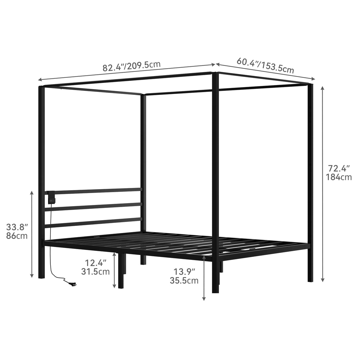 Queen Size Black Canopy Bed Frame with USB Charging and Storage N41990