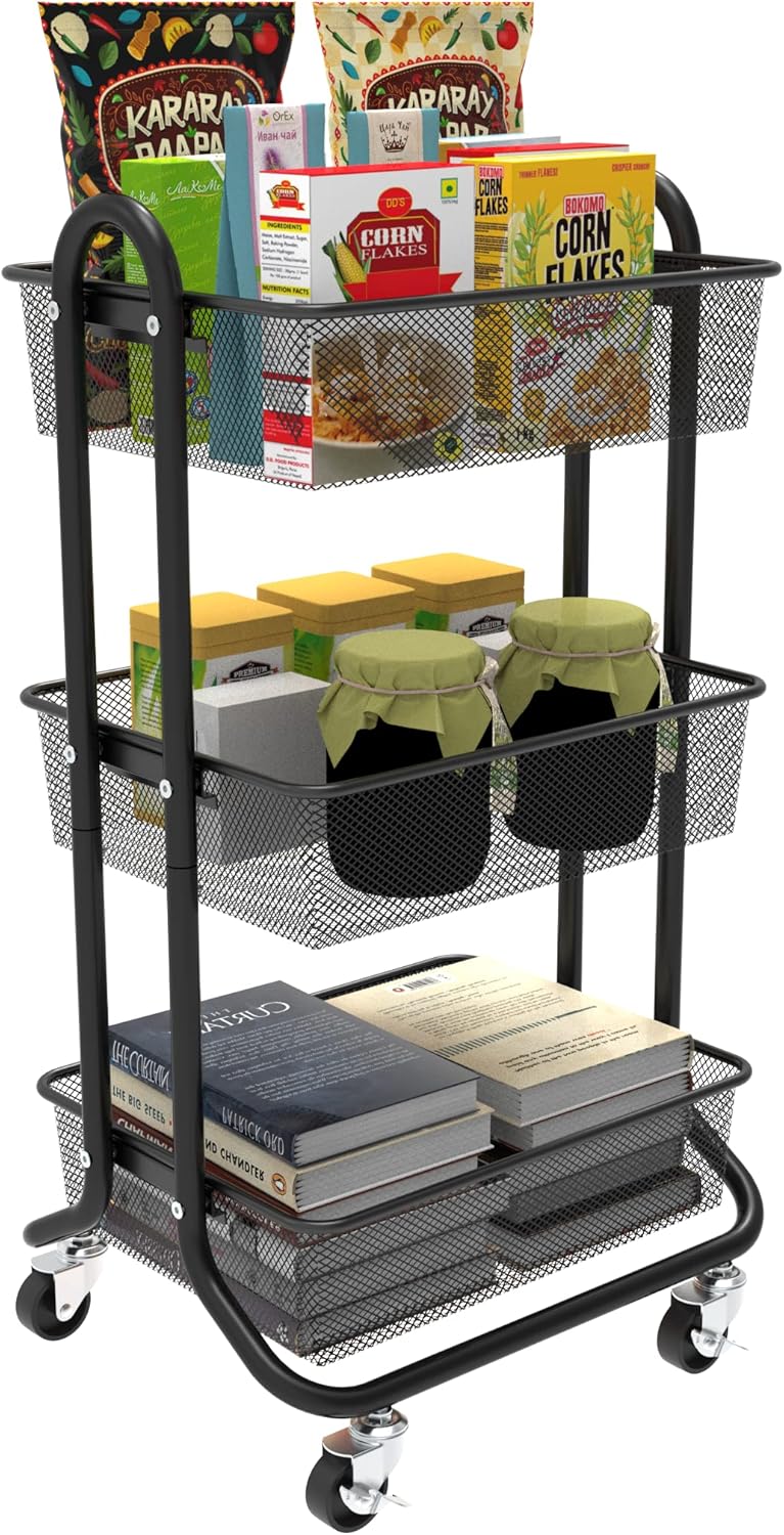 3 Tier Metal Rolling Utility Cart with Locking Wheels R575