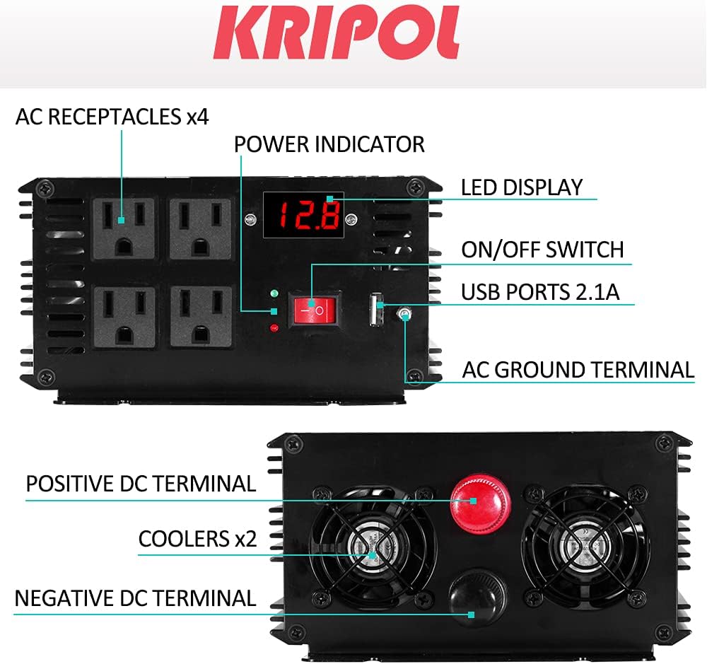 1500 Watt Pure Sine Wave Power Inverter 24v DC to 110/120v AC 60HZ with 4 AC and 1 USB Output D190368