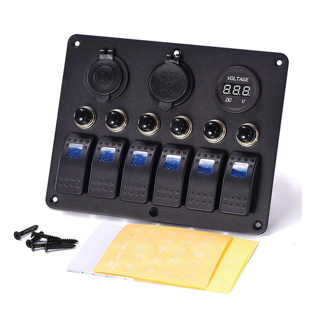 Blue LED Rocker Switch Panel with Dual USB Waterproof Power Socket Breaker Voltmeter R576
