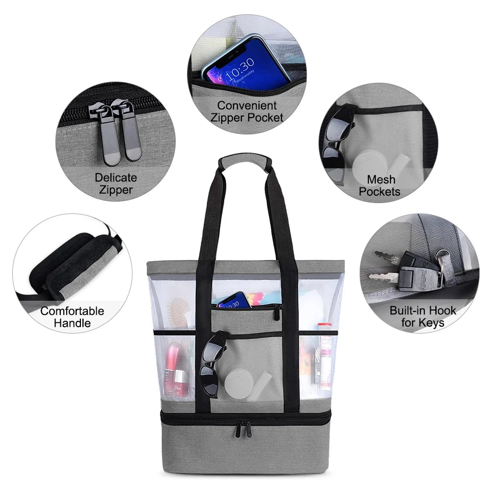 Gray Mesh Beach Tote with Zipper and Detachable Cooler Q198294