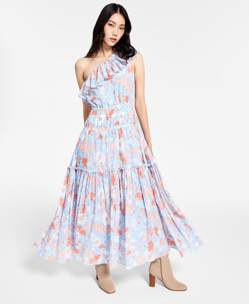 Cotton Ruffled One-Shoulder Maxi Dress F41747