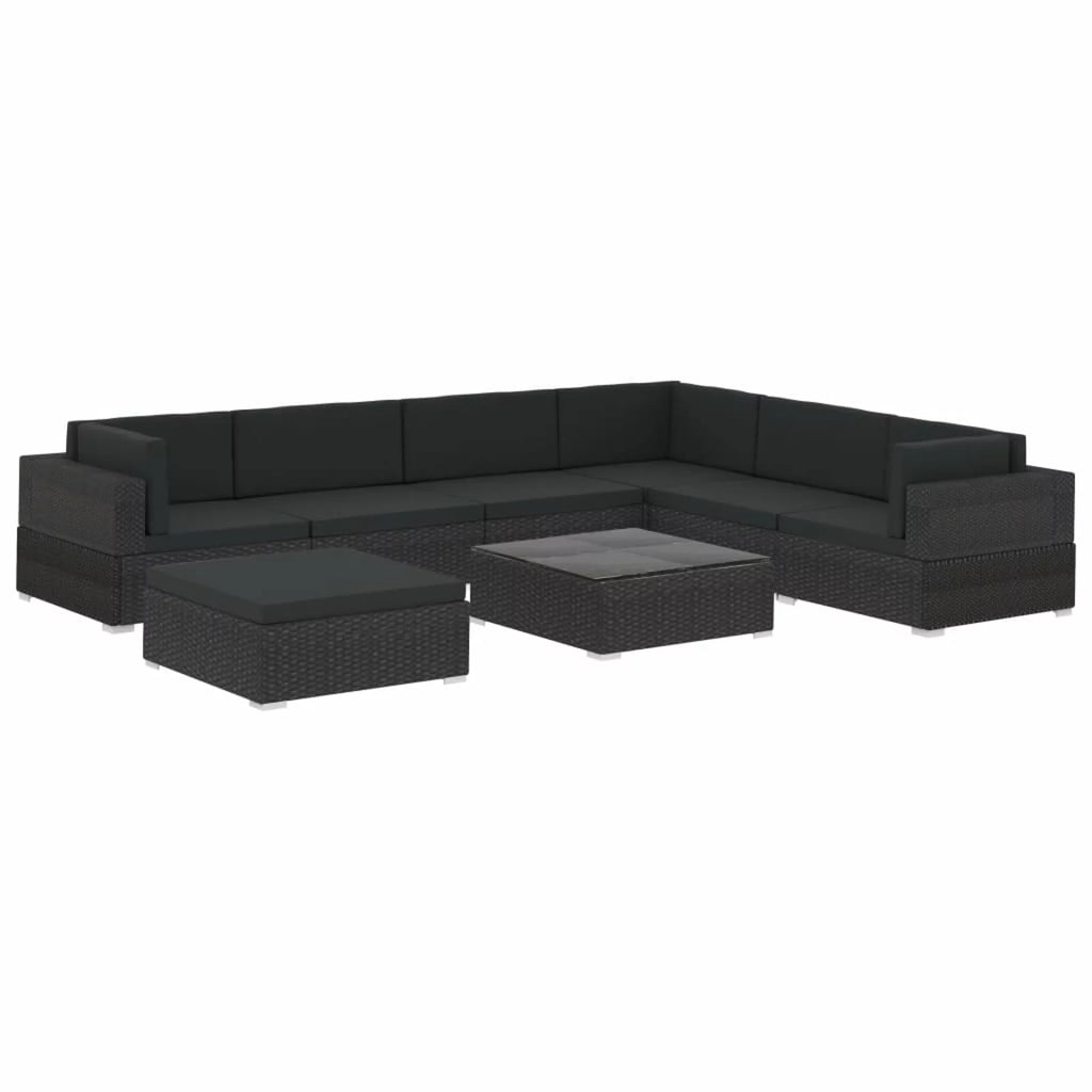 8 Piece Black Poly Rattan Patio Lounge Set with Cushions B45021