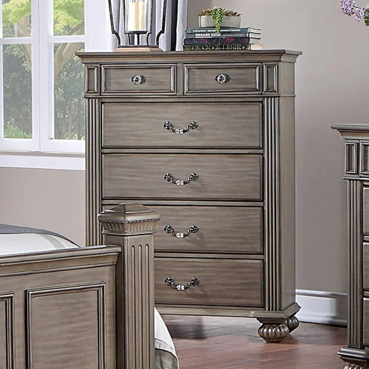 California King Size Bed Dresser Mirror 2 Nightstands Chest Gray Solidwood G4272