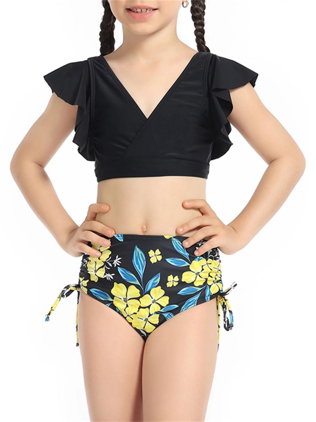 2 Piece Bikinis Set Print Fly Sleeve Tops Briefs Swimwear V171975