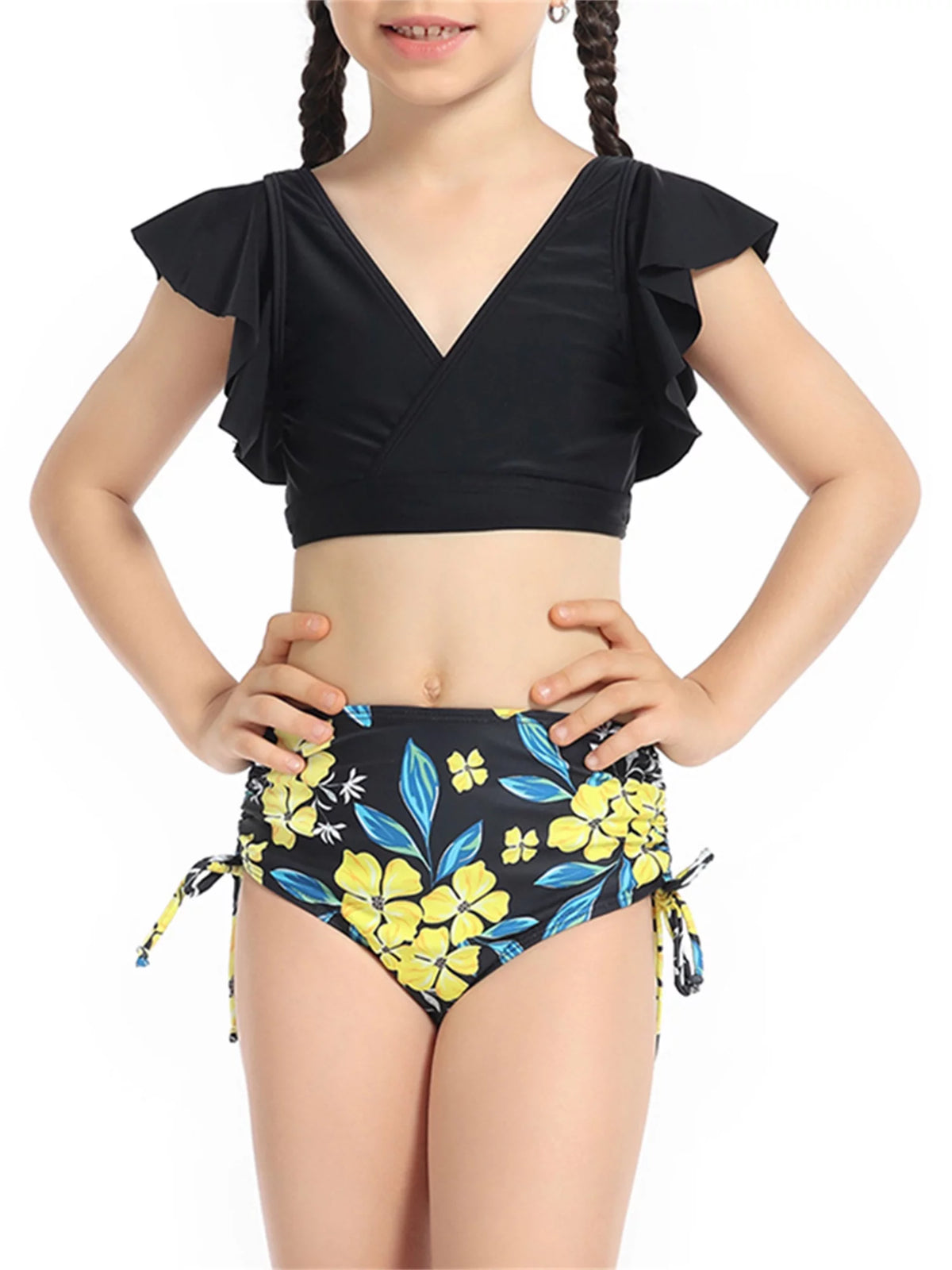 2 Piece Bikinis Set Print Fly Sleeve Tops Briefs Swimwear V171975