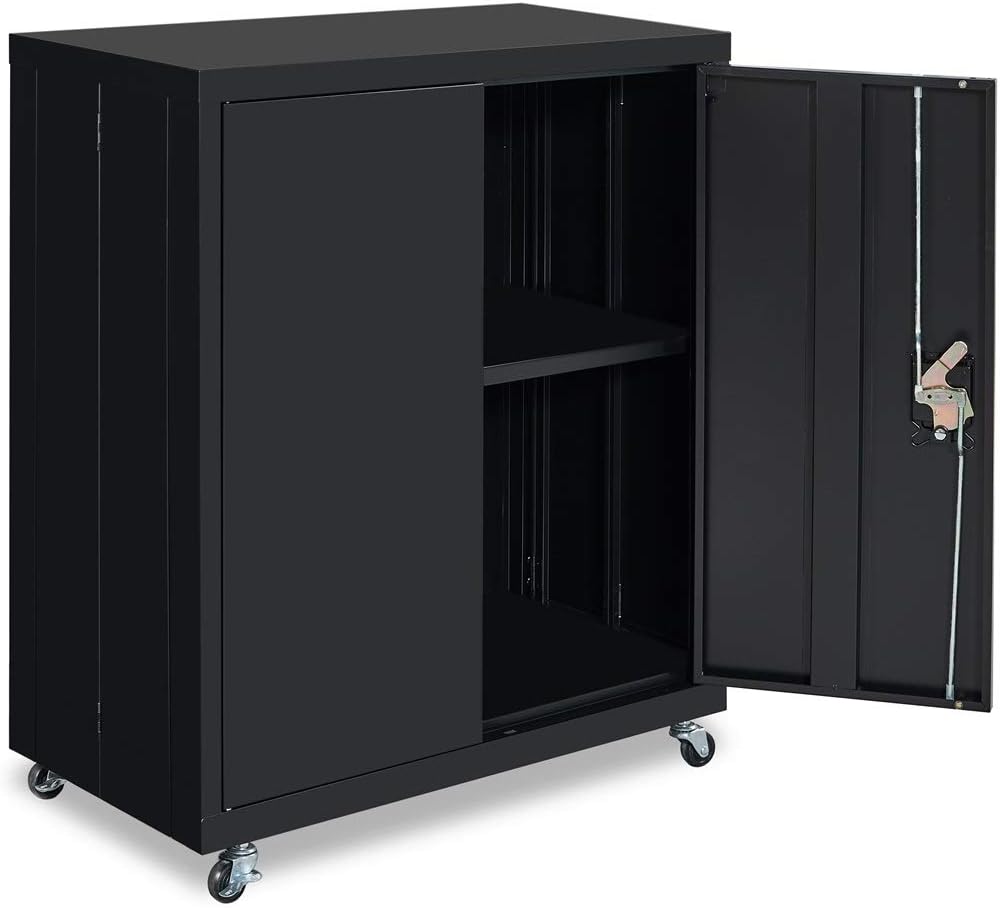 Metal Storage Cabinet with Lock and Wheels, Black V475364
