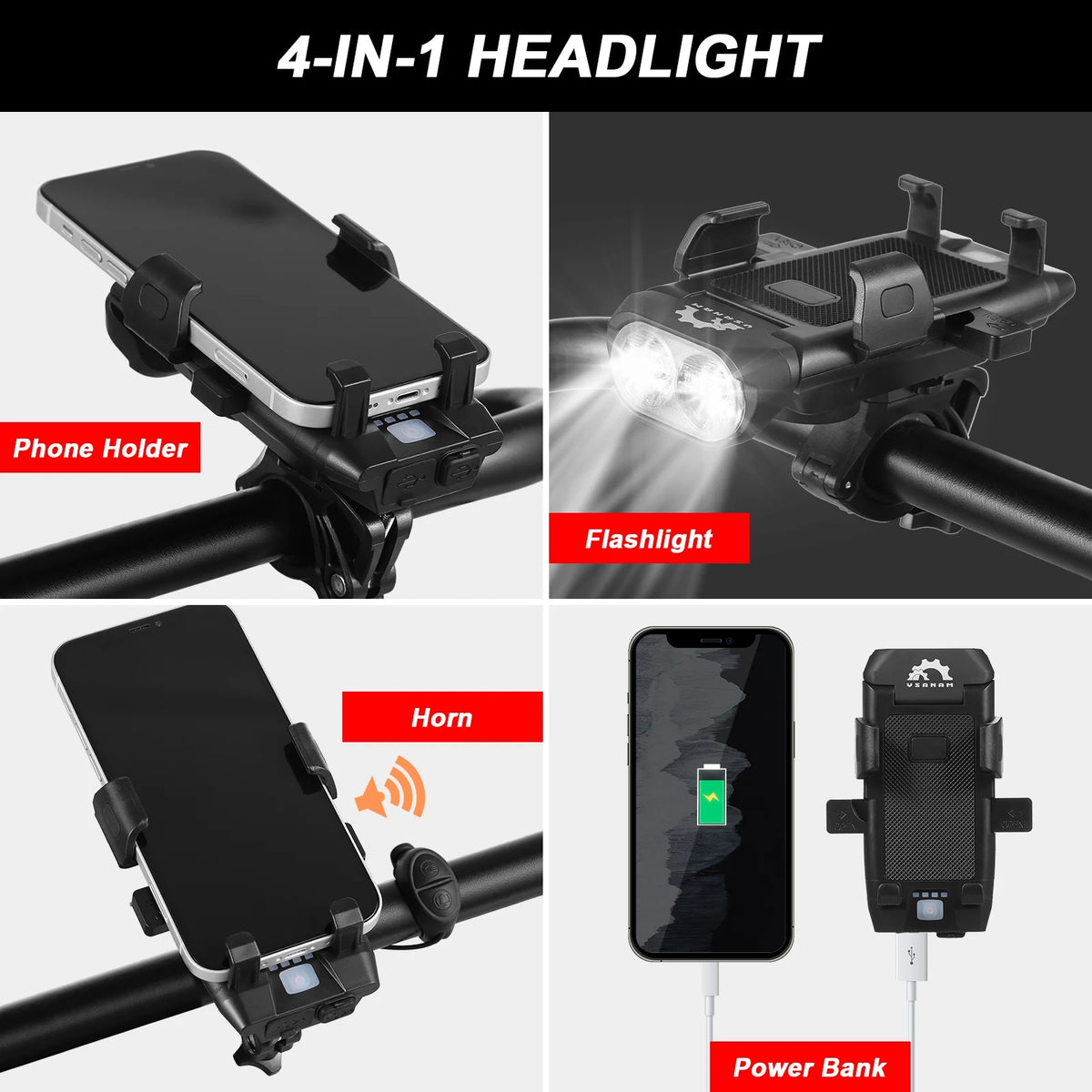 Front and Rear 4 in 1 USB Rechargeable Waterproof Headlight with Phone Holder Horn V421756