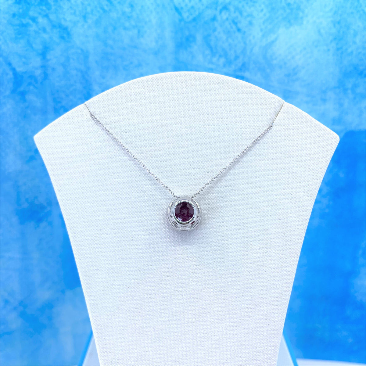 14K White Gold Necklace with Round Red Ruby and White Diamonds C267