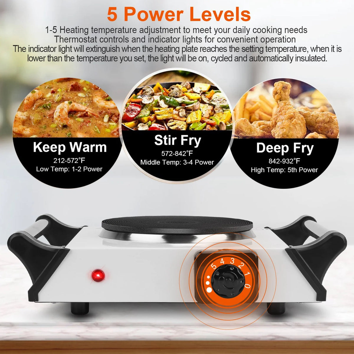 Electric Single Burner Portable Hot Plate with 5 Temperature Adjustments Black Z732
