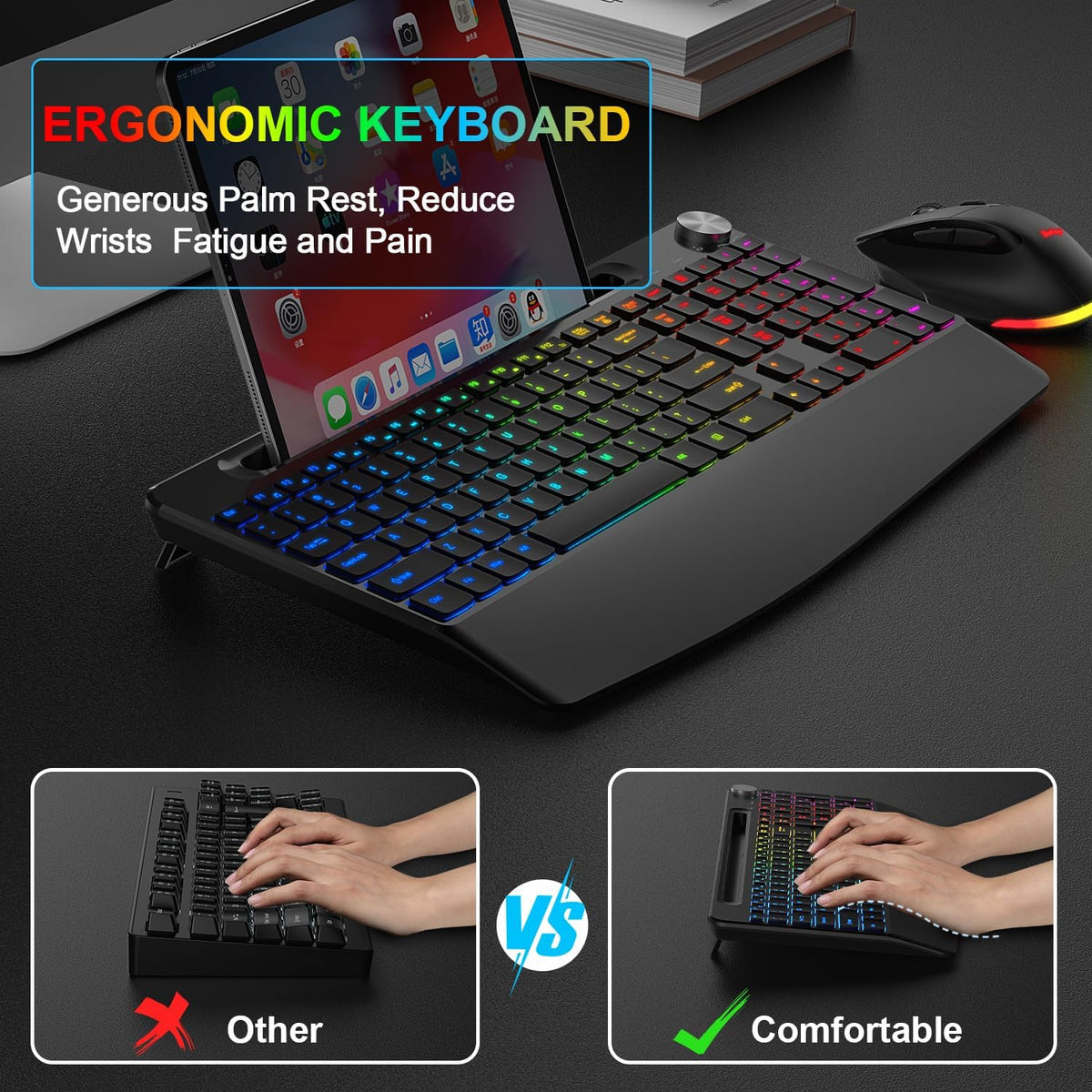 Wireless Keyboard and Mouse Combo, 2.4G Rechargeable Ergonomic Gaming Keyboard with Wrist Rest A1112