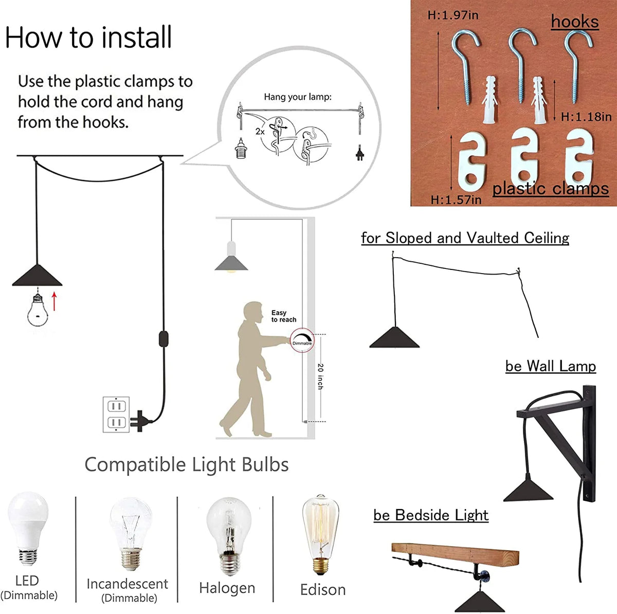 Tiffany Stained Glass Plug-in Pendant Hanging Light with 15FT Power Cord G26250