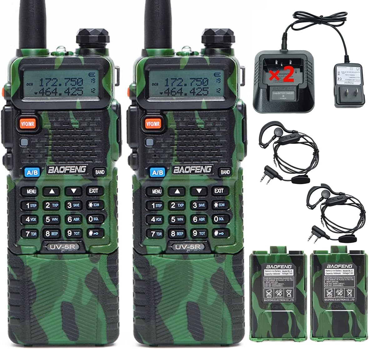 2 Pack Baofeng UV-5R 5Watt Camo Two Way Radio Transceiver with Extra 2 Pack 1800mAh Battery Y713