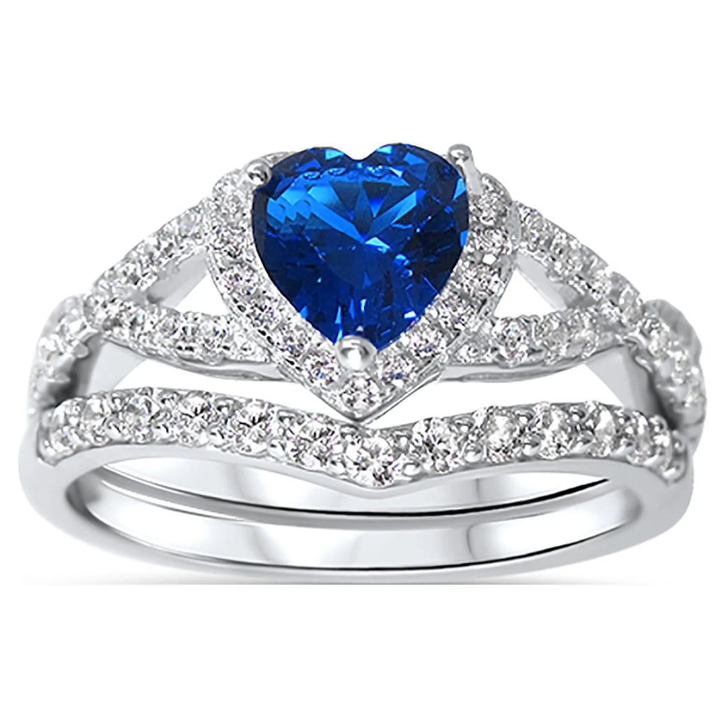 Sterling Blue Sapphire CZ Bridal Wedding Band Engagement Ring Set Z6387