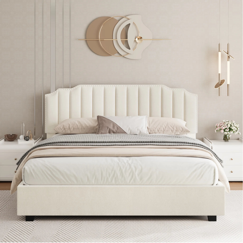 Beige Velvet Queen Bed with Underbed Storage F9444