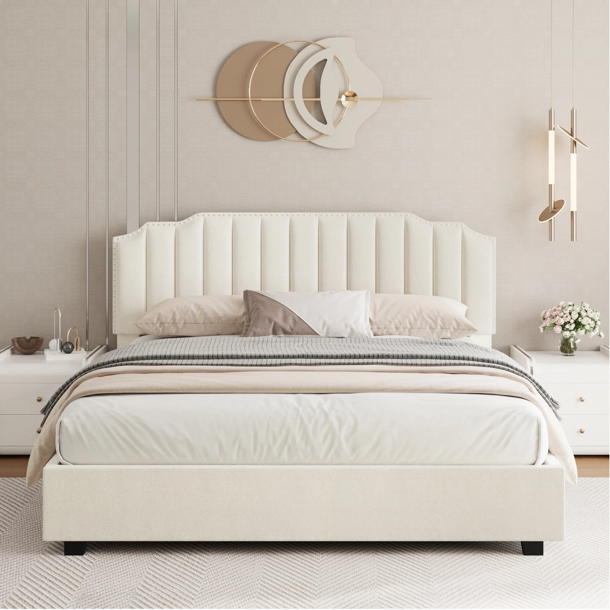 Beige Velvet Queen Bed with Underbed Storage F9444