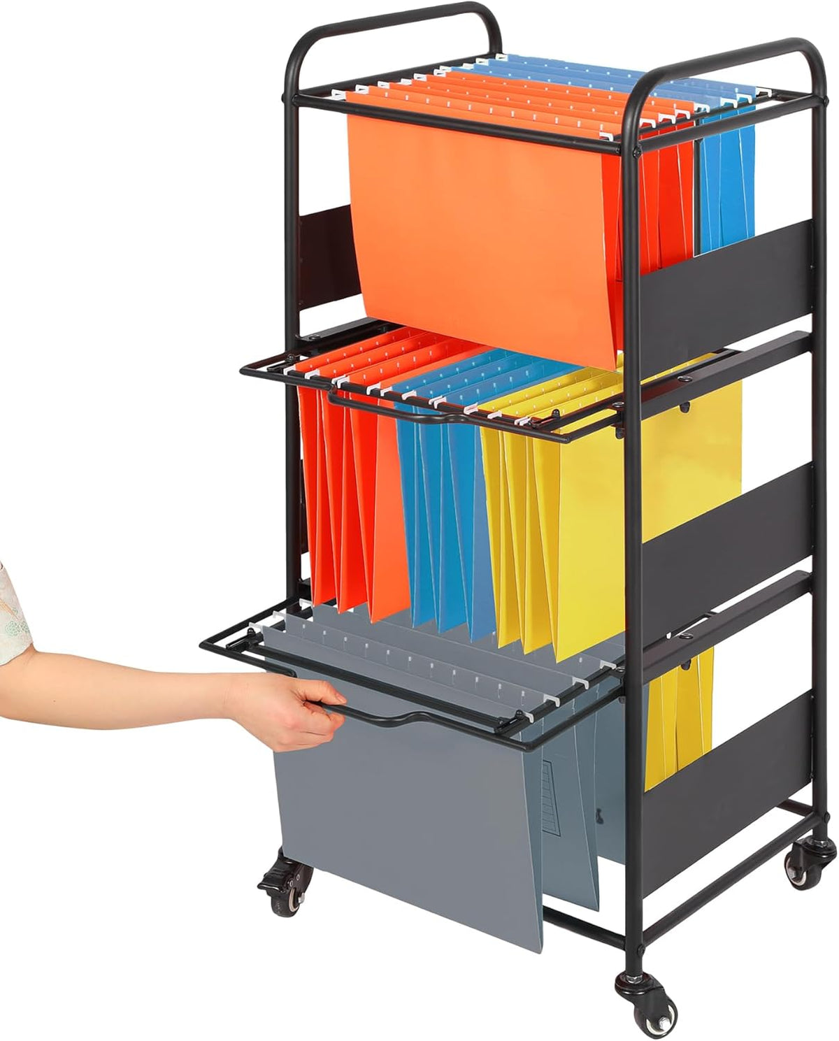 3-Tier Metal Rolling File Cart with Wheels, Black I1417