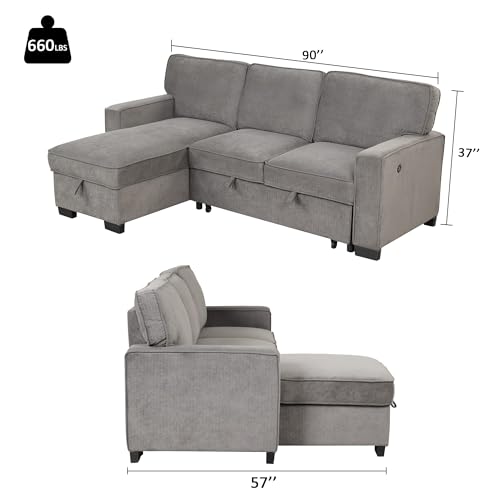 Grey Chenille L-Shaped Sleeper Sofa with Storage L69568