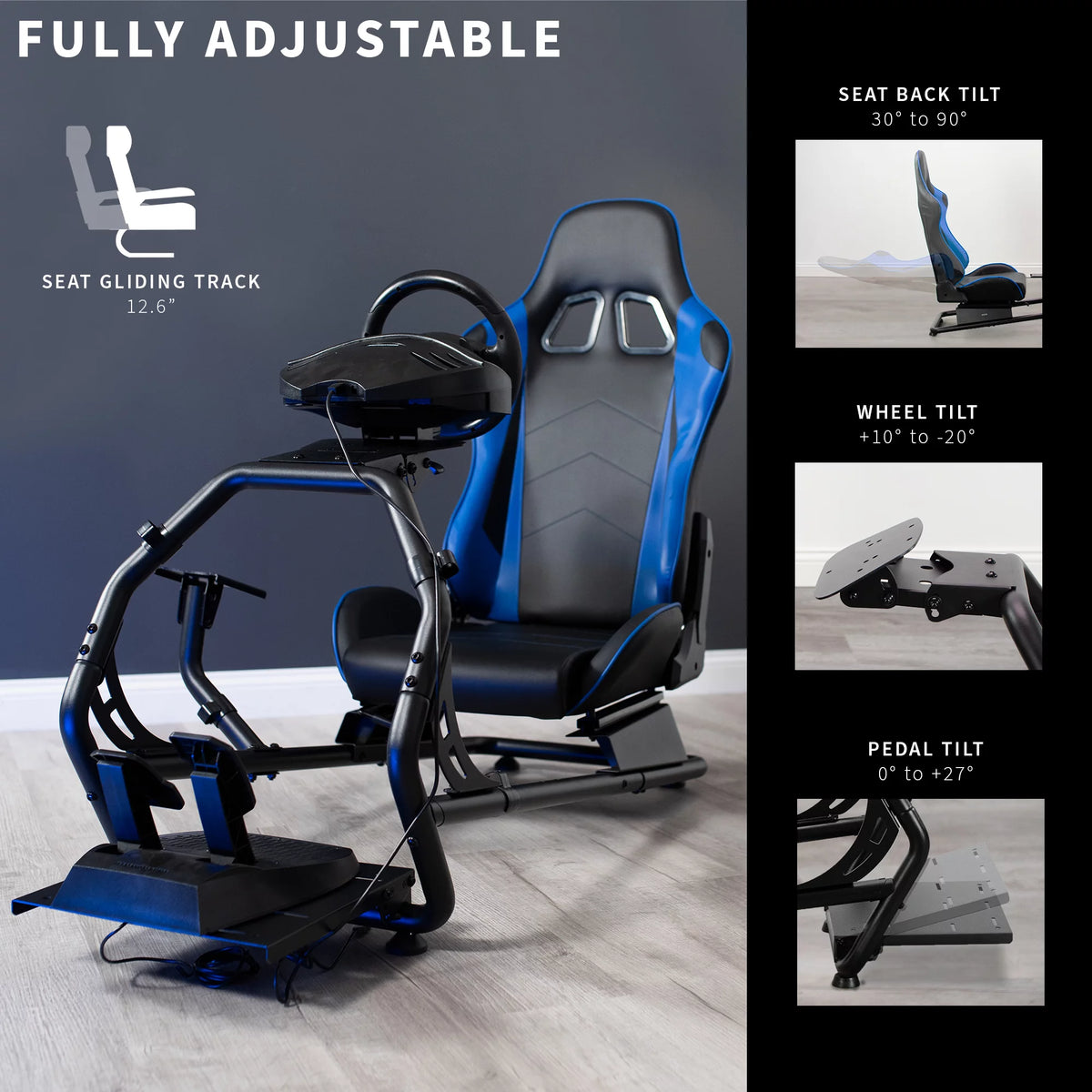 Black Racing Simulator Cockpit with Wheel Stand and Reclining Seat C629181