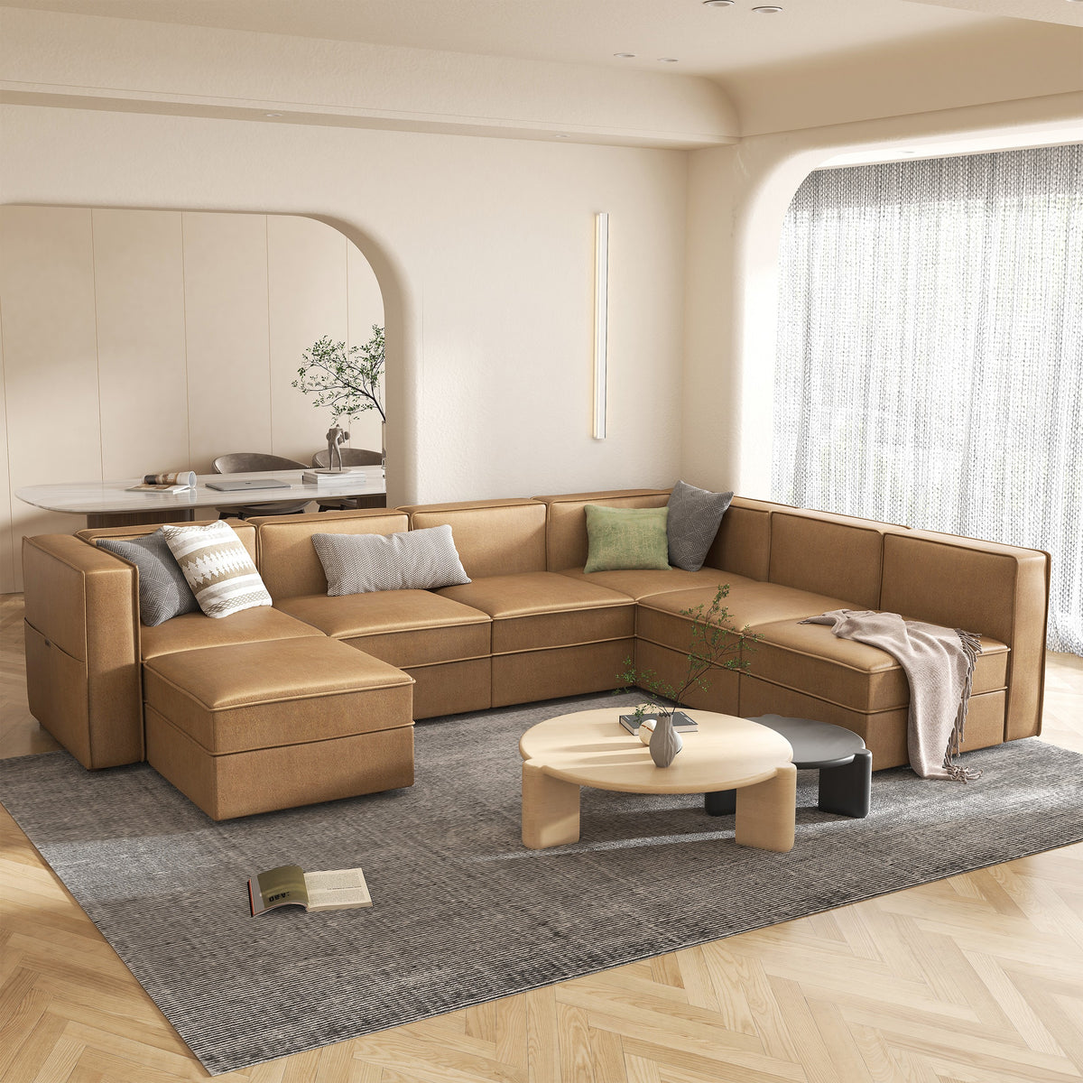 Caramel Brown U Shaped 7 Seaters Convertible Sectional Sofa Couch with Ottoman C14121