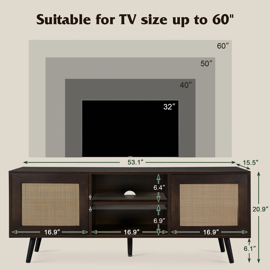60-inch Rattan TV Stand with Adjustable Shelves and 2 Cabinets O514