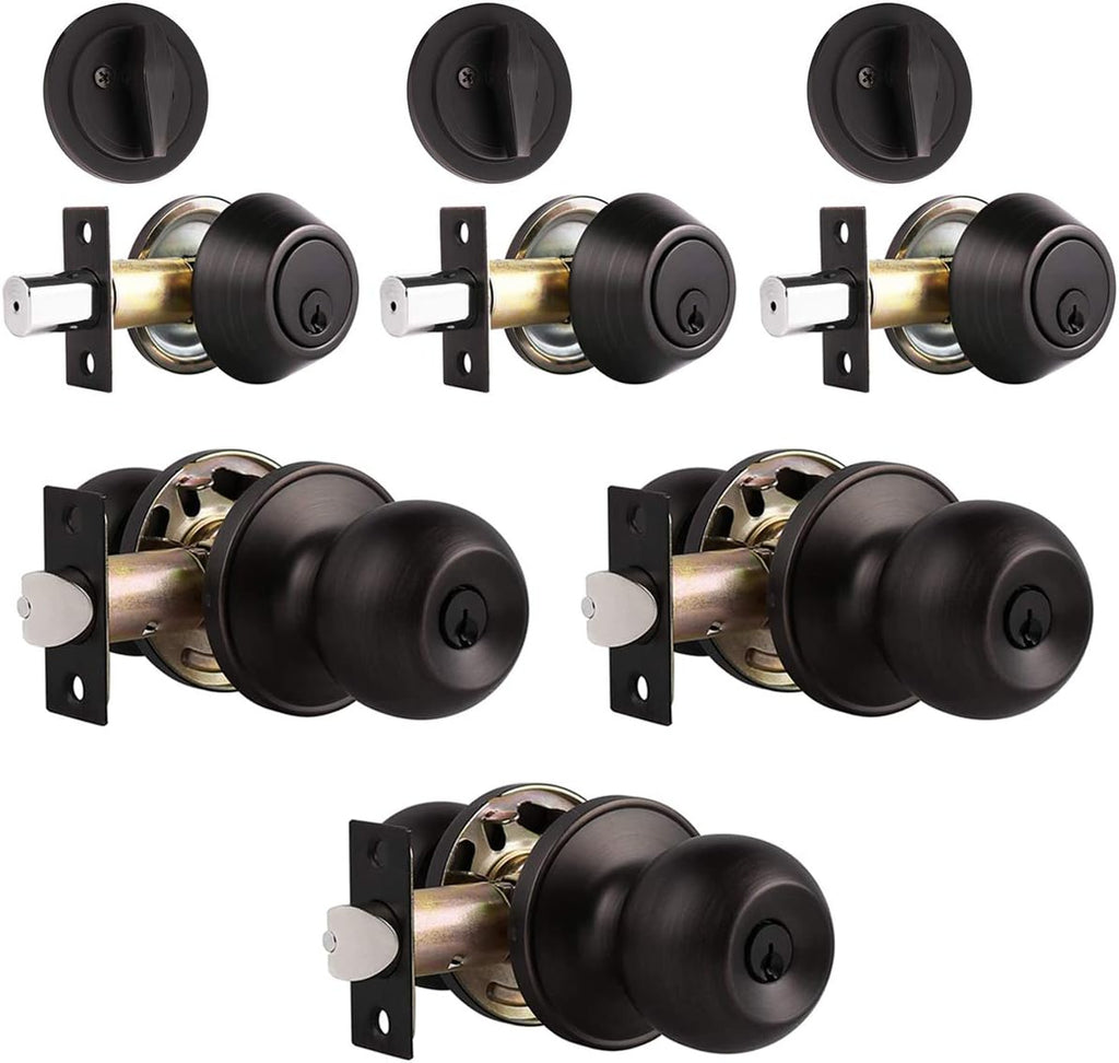 4 Pack Keyed Alike Entry Door Knob and Single Cylinder Deadbolt Lock Set in Oil Rubbed Bronze Finish K19152