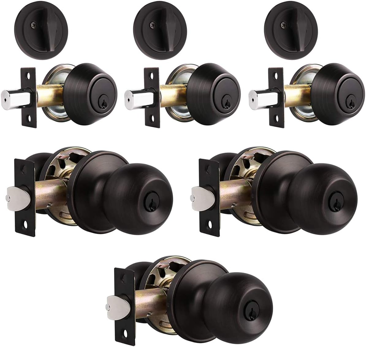 4 Pack Keyed Alike Entry Door Knob and Single Cylinder Deadbolt Lock Set in Oil Rubbed Bronze Finish K19152