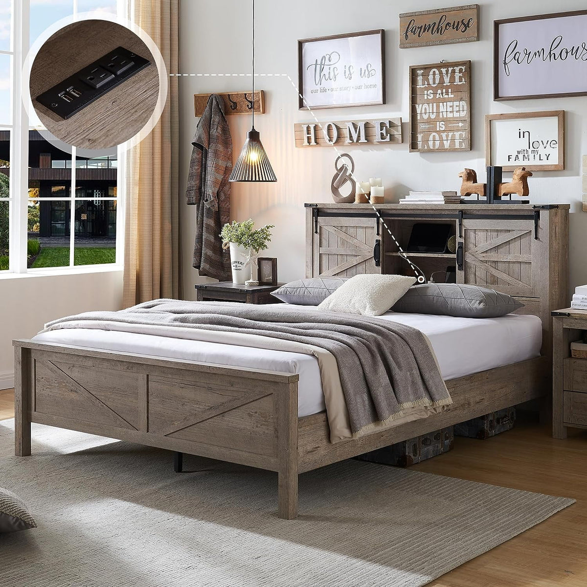 Full Platform Bed with Bookcase Headboard and Charging Station Y857315