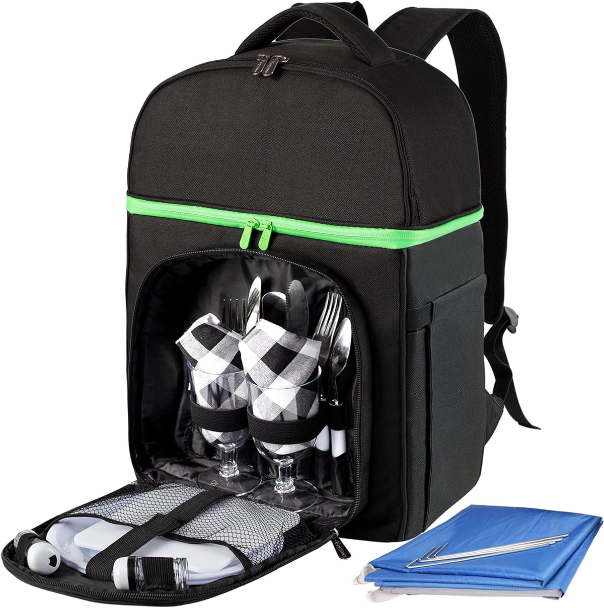 Insulated Picnic Backpack Bag with Cooler Compartment, Blanket, Plates and Cutlery Set O97541