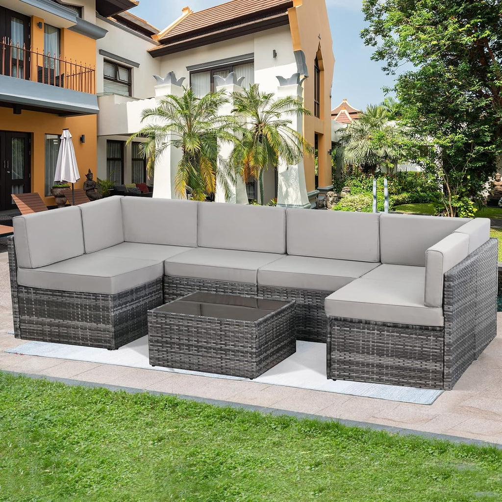 7-Piece PE Rattan Wicker Outdoor Sectional Sofa Set I378658
