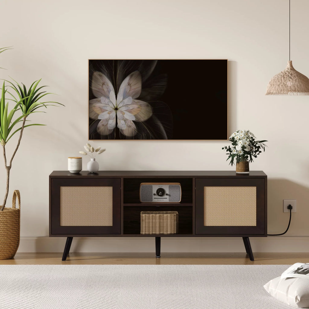 60-inch Rattan TV Stand with Adjustable Shelves and 2 Cabinets O514