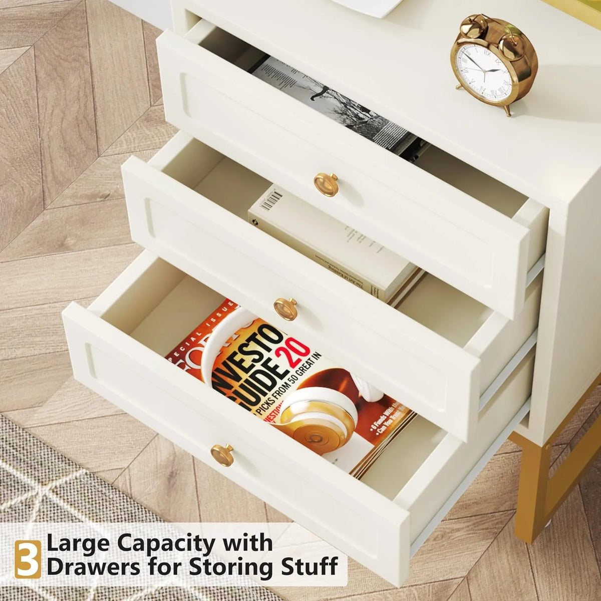 Modern 3 Drawer Wood Nightstand with Gold Metal Legs B1004