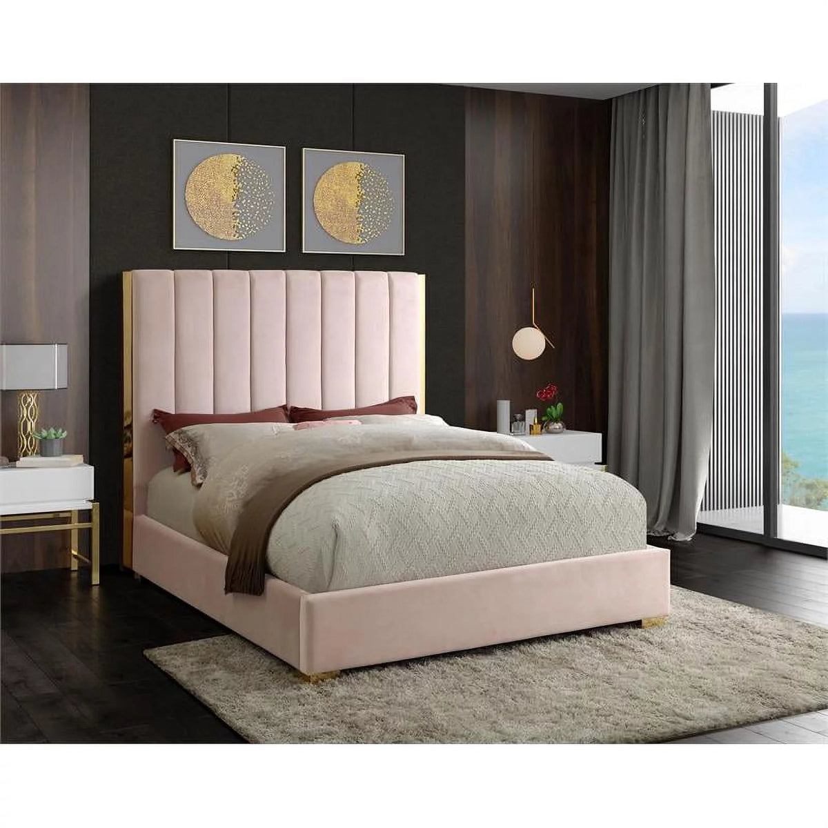 Metal and Velvet King Bed in Pink U9975