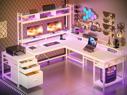 White 64" L Shaped Gaming Desk with Hutch, Drawers, Storage Shelves, Monitor Stand and LED Light T64579