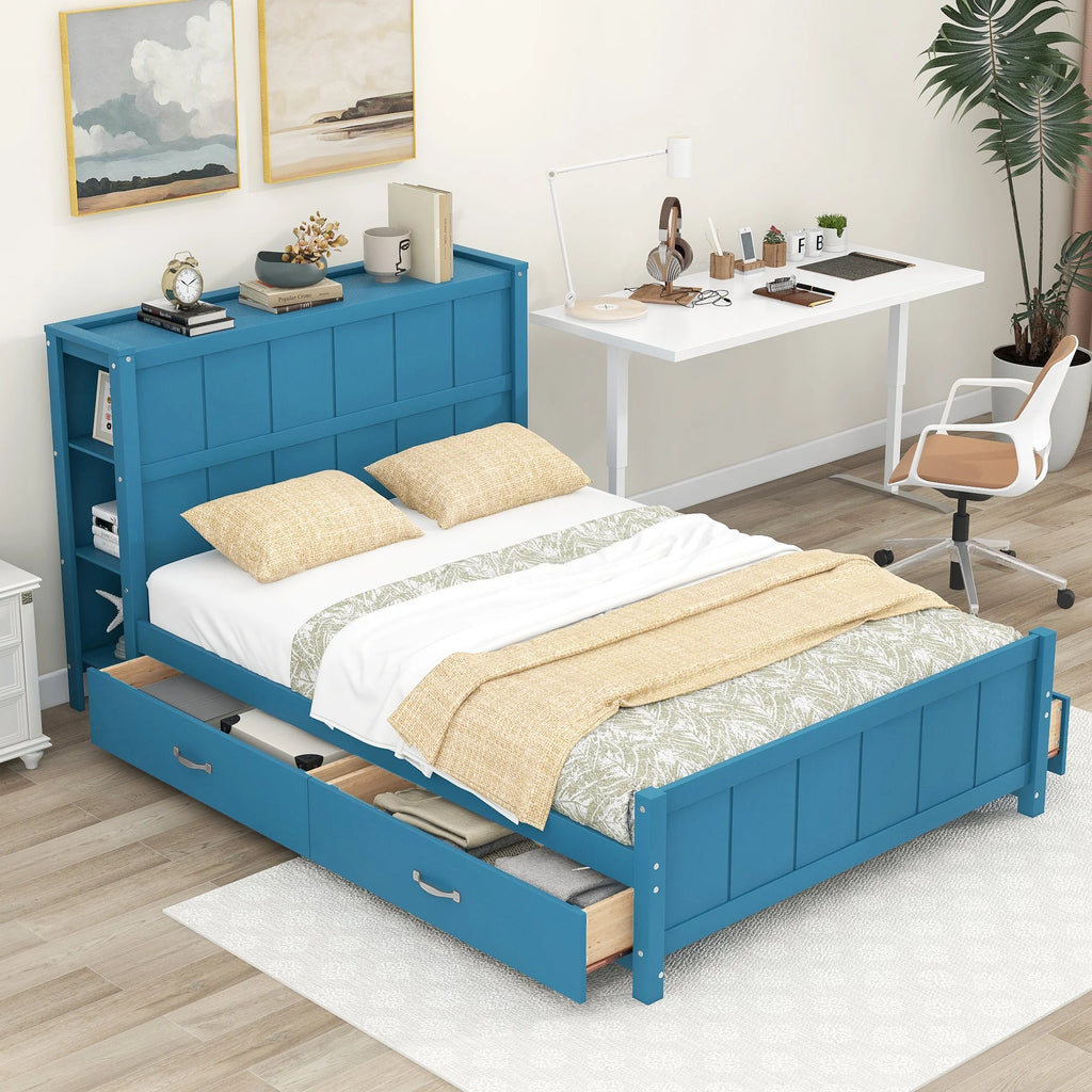 Blue Full Size Platform Bed with Storage A811
