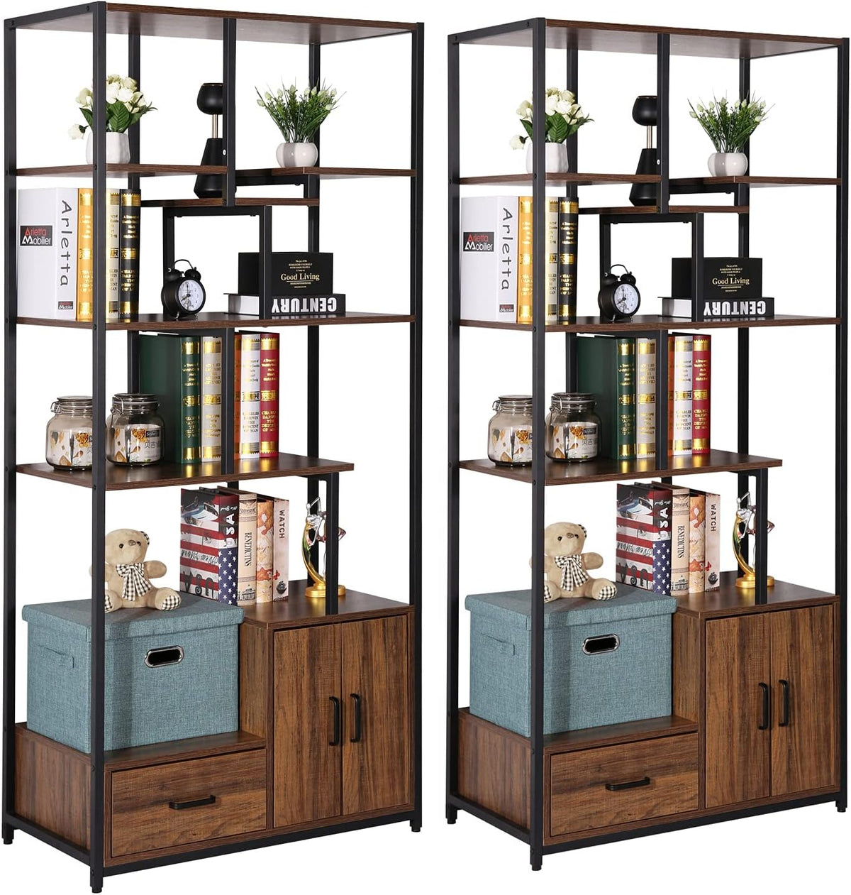 5 Tier Wood Bookcase with Drawer and Door, Rustic Brown S2270