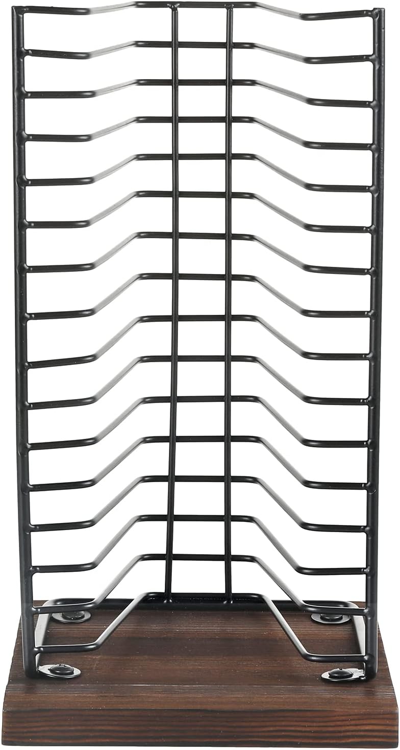 Matte Black Metal Wire Vertical CD Holder with Burnt Wood Base, Holds 15 Jewel Cases C2565