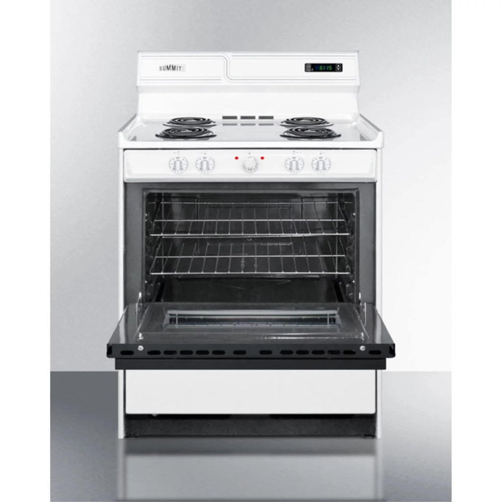 30 inch wide electric coil top range in white with black door V7414