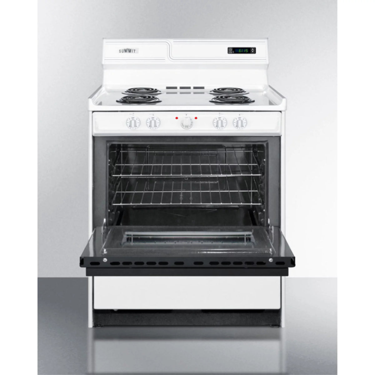 30 inch wide electric coil top range in white with black door V7414