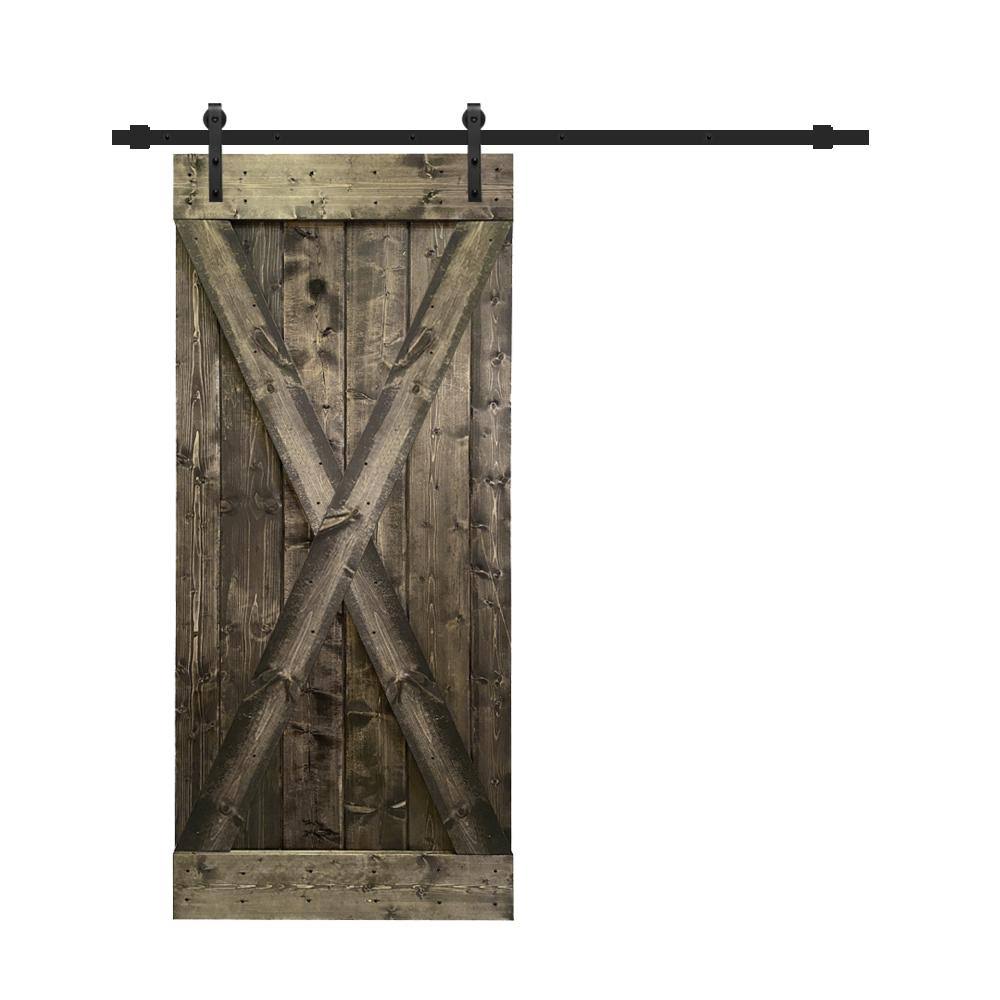 Espresso Stained Solid Knotty Pine Wood Interior Sliding Barn Door with Hardware Kit V779064