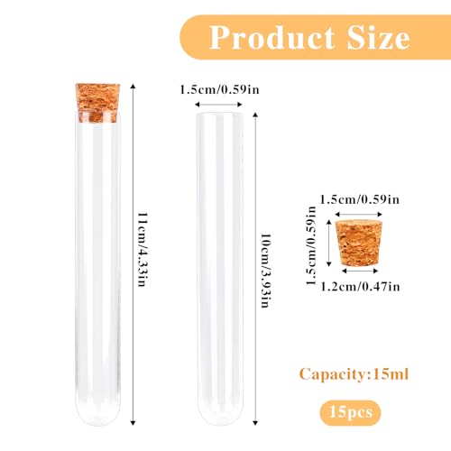 15 PCS 15ml Clear Plastic Test Tubes with Cork Stoppers C828