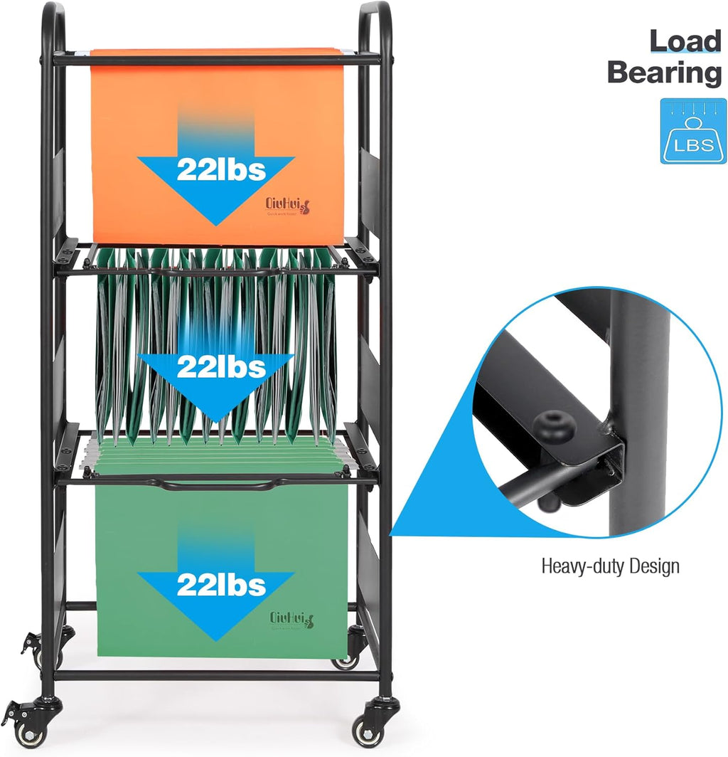 3-Tier Metal Rolling File Cart with Wheels, Black I1417