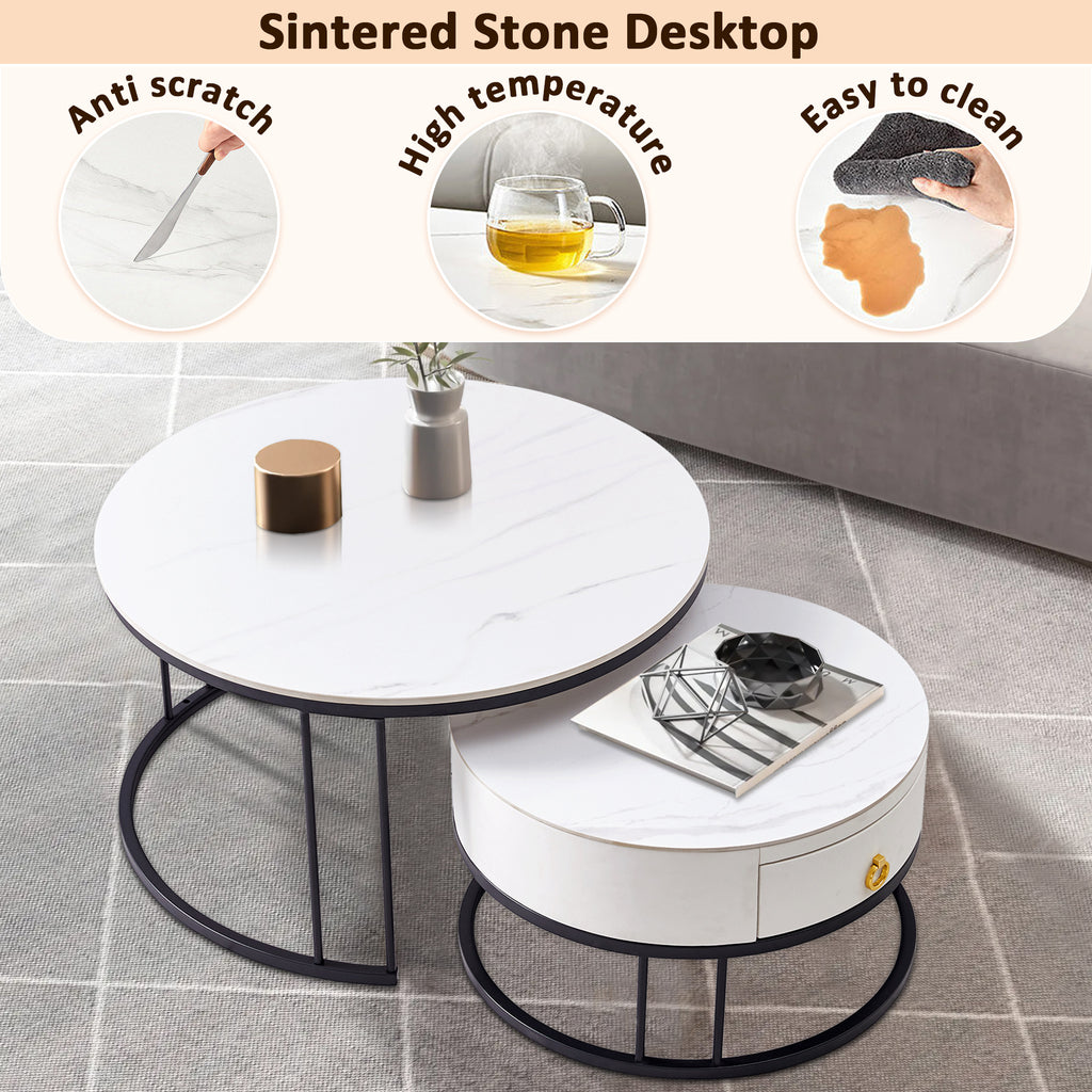 Black Nesting Coffee Table Set of 2 with Drawer, Sintered Stone Top Leather Wrapping Metal Frame S158722