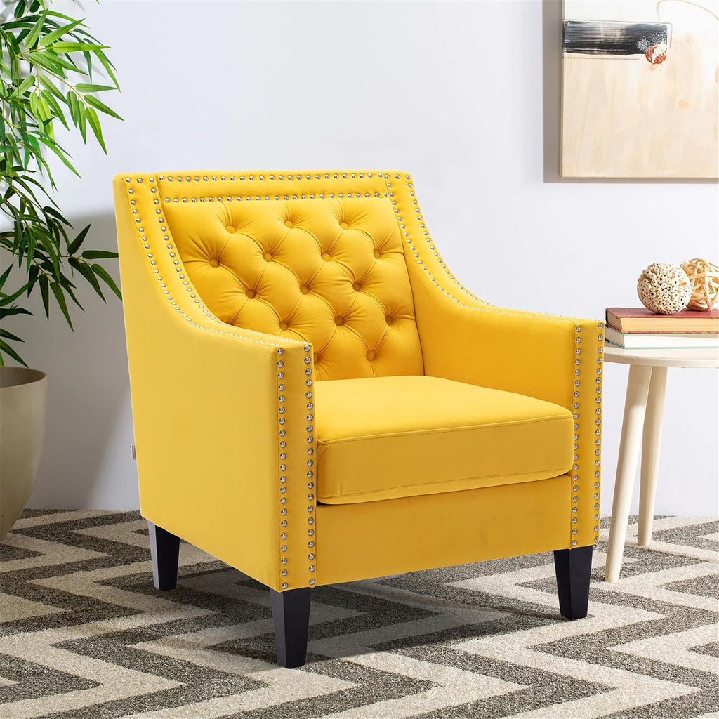 Yellow Velvet Accent Chairs with Wood Legs U158