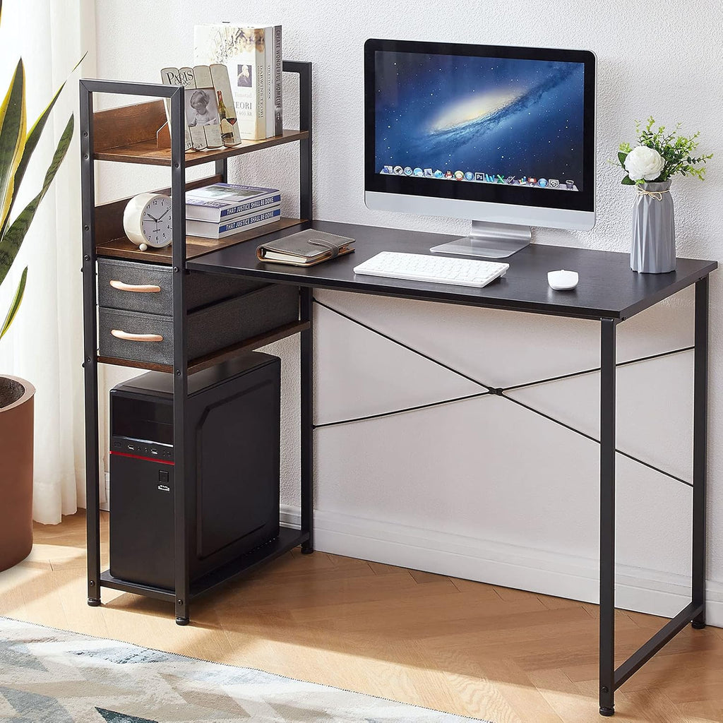 Black & Rustic Brown Computer Desk with Canvas Drawer T23142